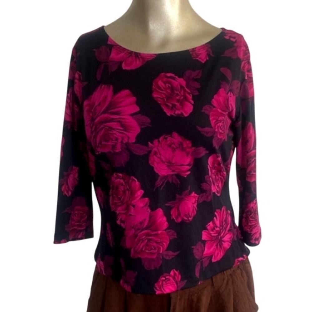 J.T.B. Petite Pink Black Floral Rose 3/4 Sleeve Boat Neck Blouse Top PM